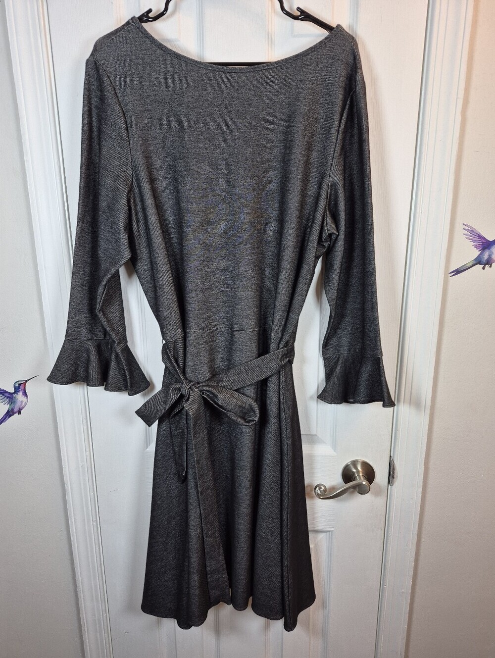 Leota  Gray Shimmery Metallic Knit Dress Ruffle Sleeve Tie Ront Party Dress 2X